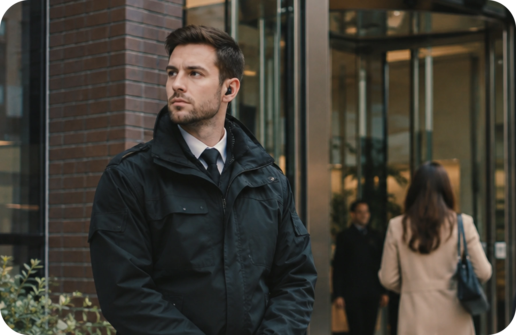 Security officer outside commercial premises in London