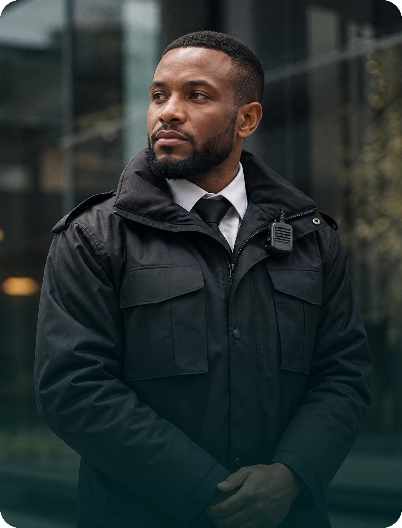 Professional security officer outside a commercial building