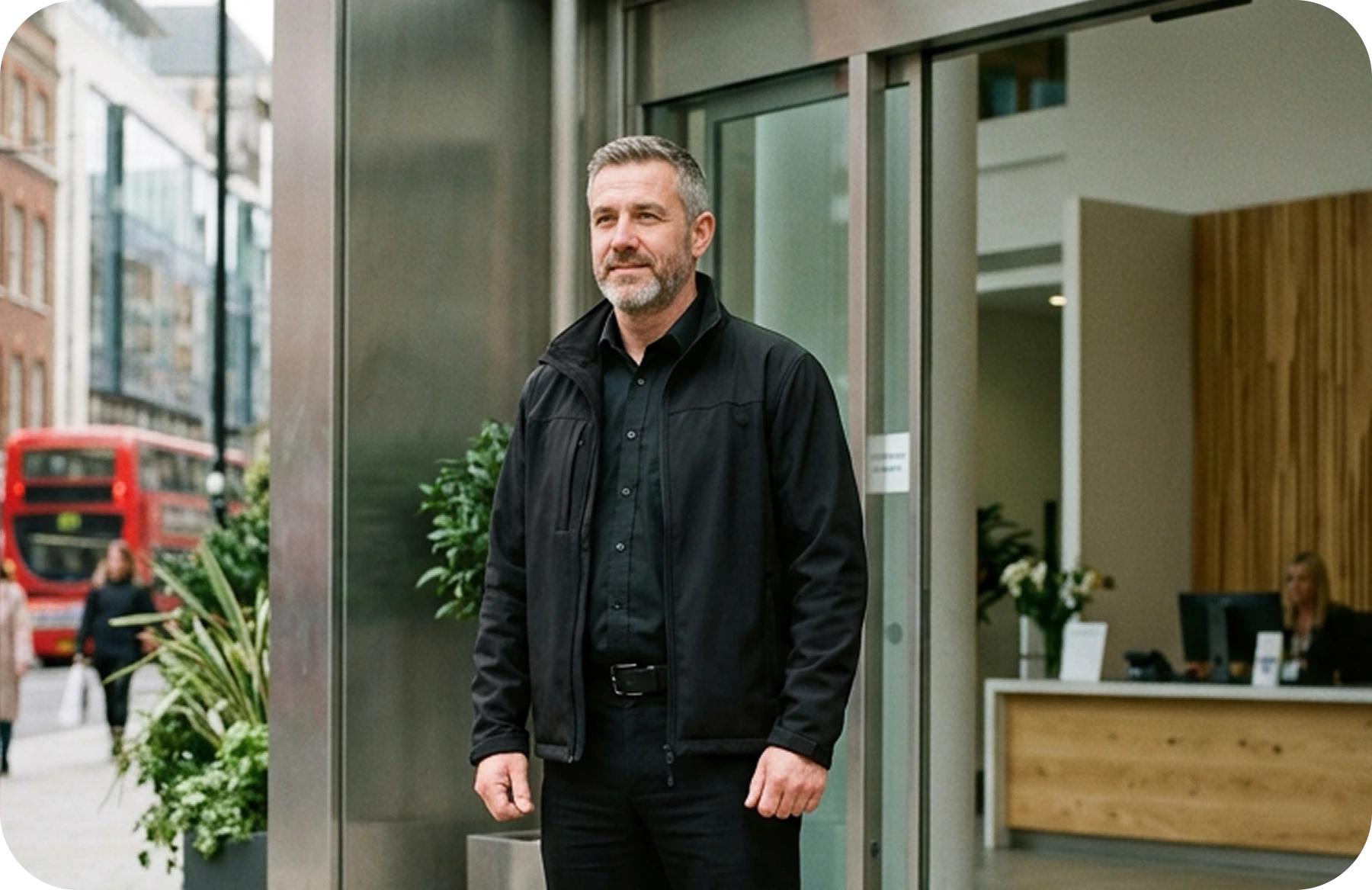 Security officer at the entrance to a London building